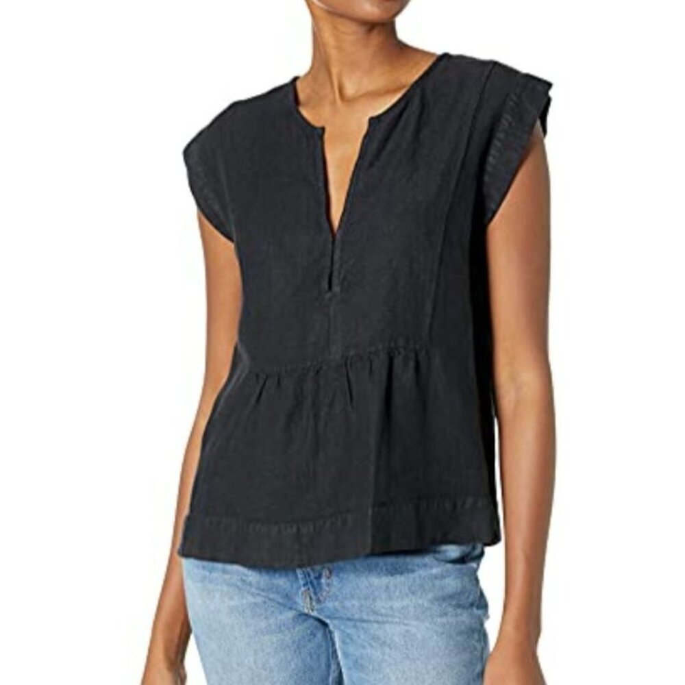 AG Adriano Goldschmied Trista Black Linen Chambray Notch V-Neck Blouse Small - Picture 2 of 14